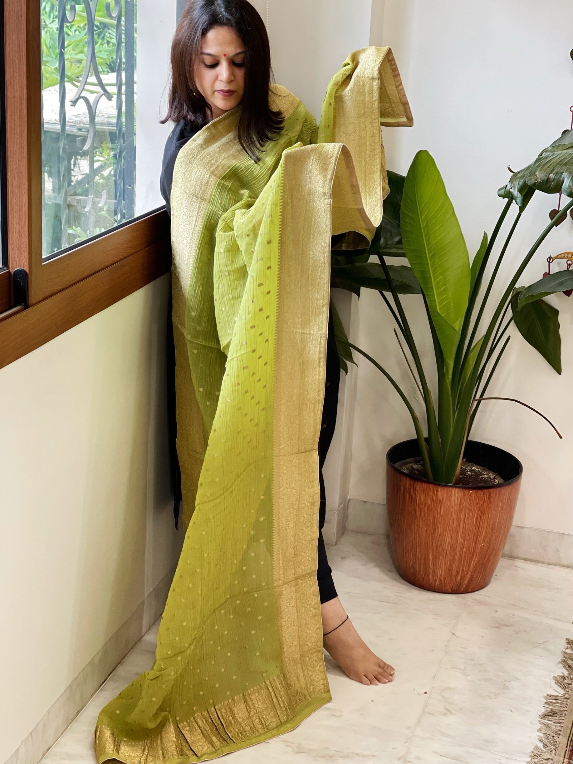 Parrot Green Woven Banarasi Dupatta in Tissue - Masakalee