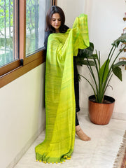 Parrot Green, Yellow Handmade Shibori Dupatta in Eri (Ahimsa) Silk - Masakalee
