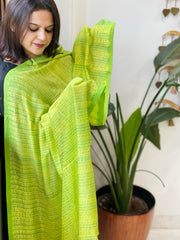 Parrot Green, Yellow Handmade Shibori Dupatta in Eri (Ahimsa) Silk - Masakalee