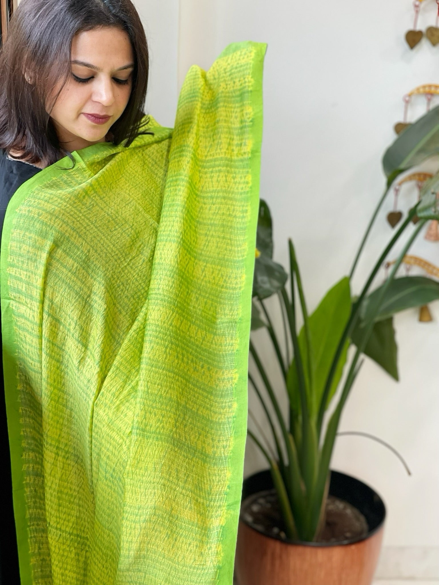 Parrot Green, Yellow Handmade Shibori Dupatta in Eri (Ahimsa) Silk - Masakalee