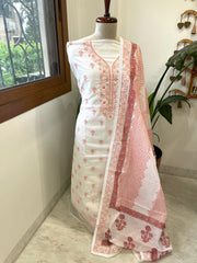 Peach Handblock Printed Embroidered Suit Set in Kota Cotton - Masakalee