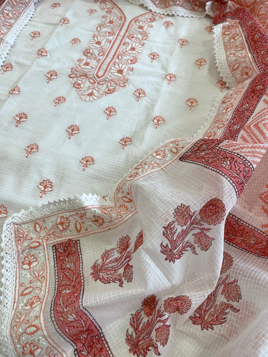 Peach Handblock Printed Embroidered Suit Set in Kota Cotton - Masakalee