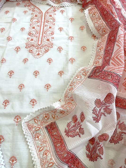 Peach Handblock Printed Embroidered Suit Set in Kota Cotton - Masakalee