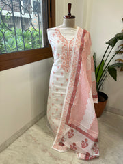 Peach Handblock Printed Embroidered Suit Set in Kota Cotton - Masakalee