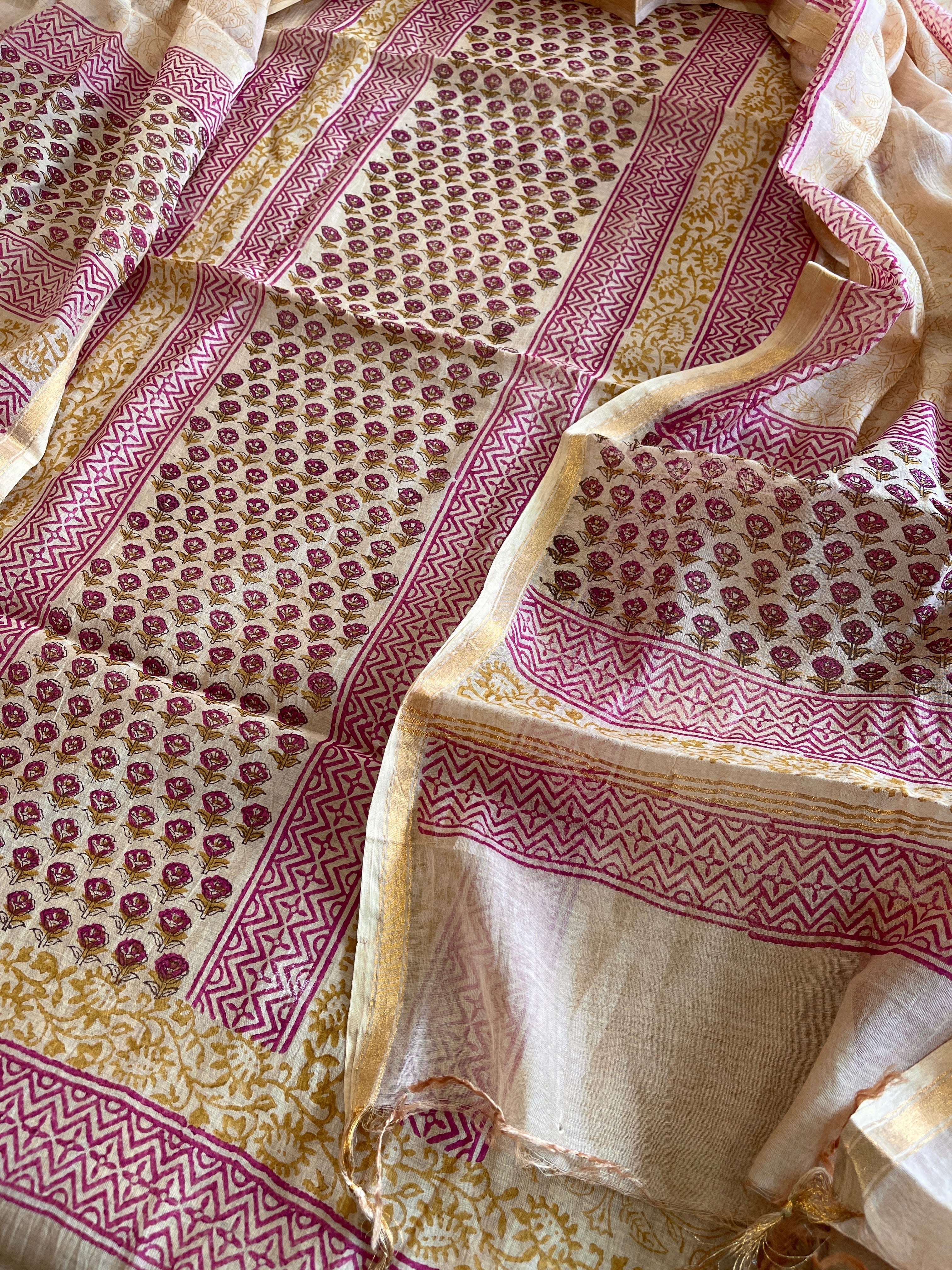 Peach Handblock Printed Suit Set in Mul Cotton - Masakalee