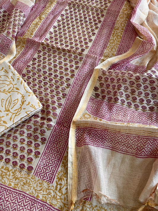 Peach Handblock Printed Suit Set in Mul Cotton - Masakalee