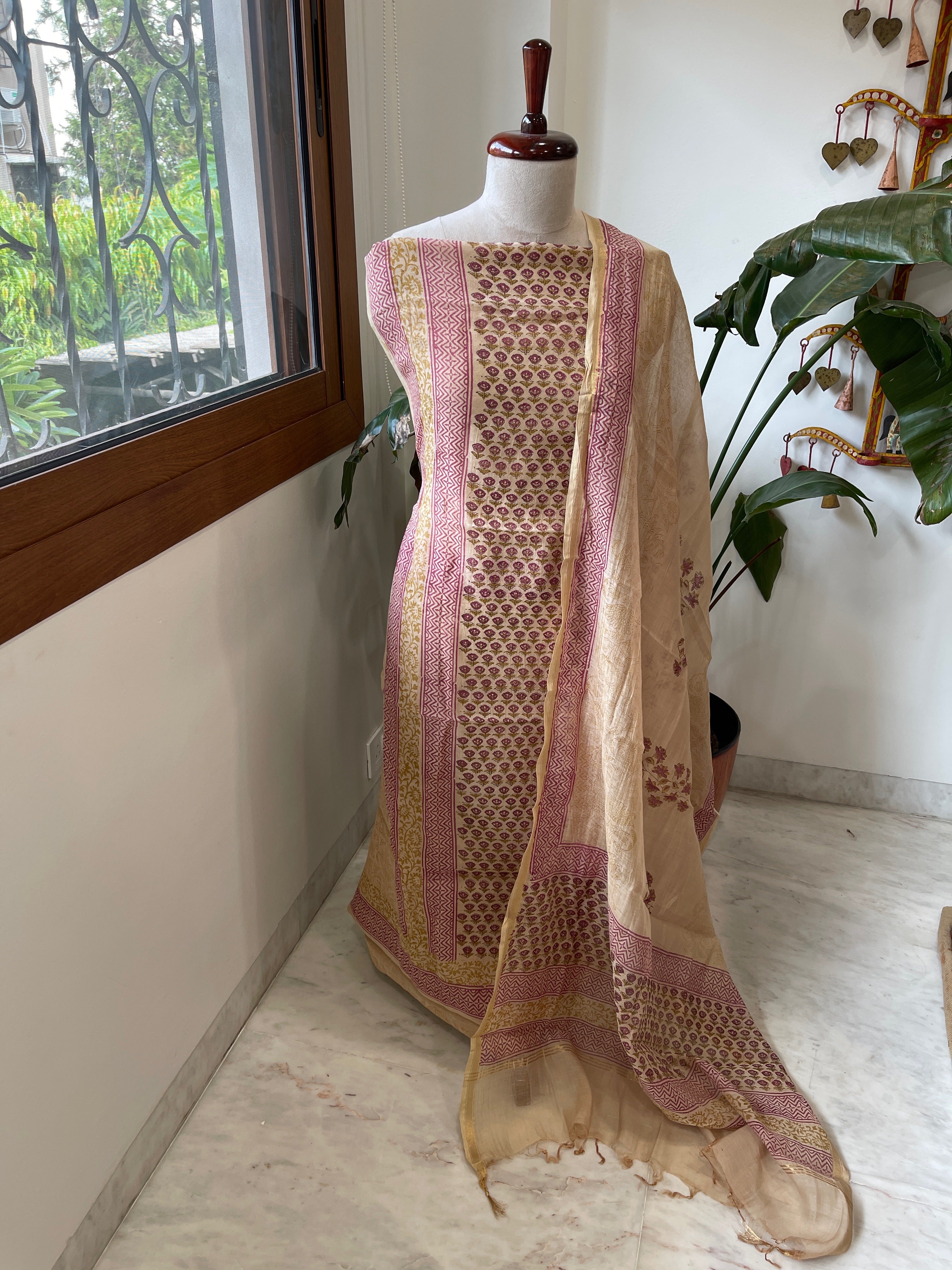 Peach Handblock Printed Suit Set in Mul Cotton - Masakalee