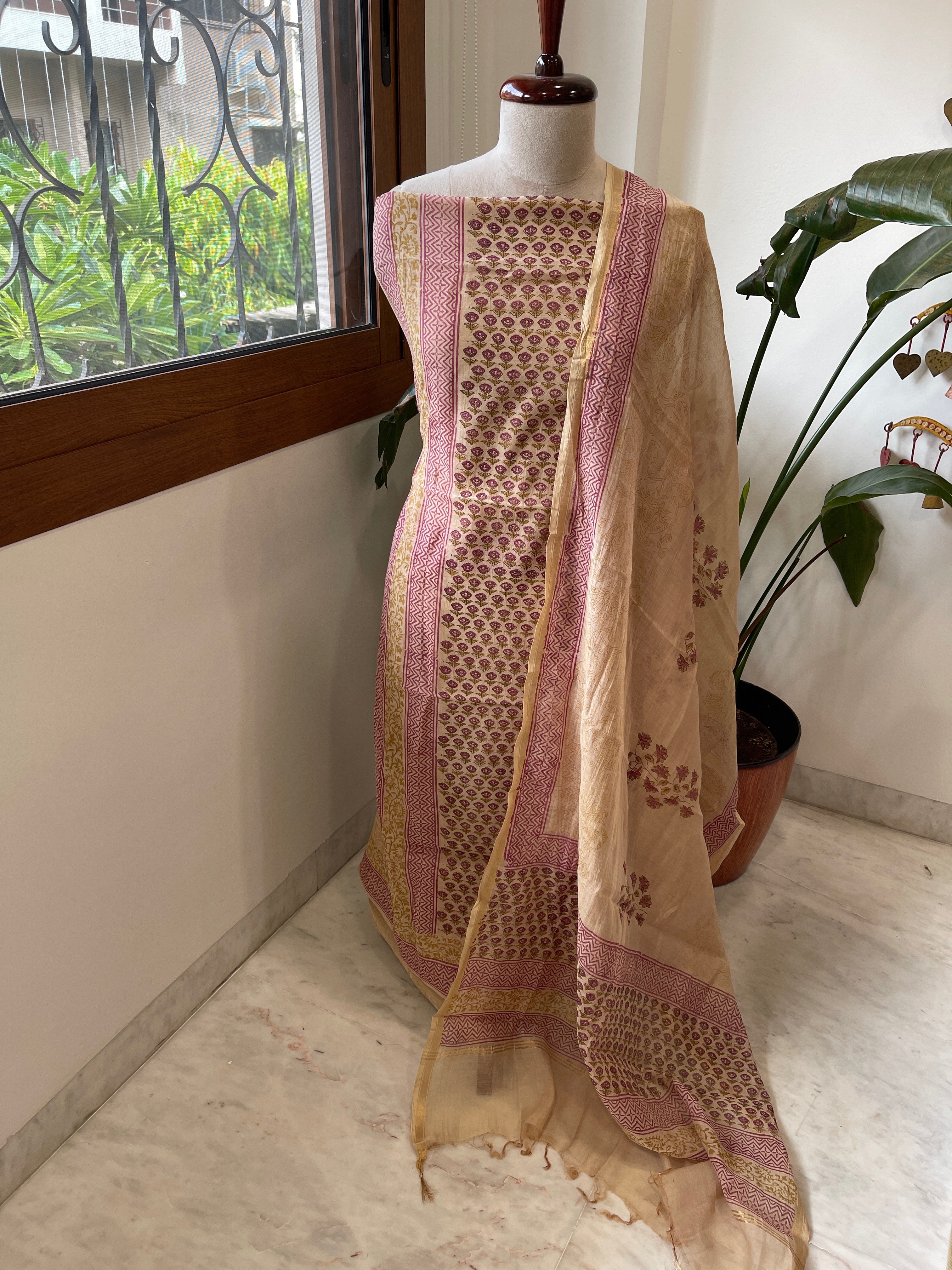 Peach Handblock Printed Suit Set in Mul Cotton - Masakalee