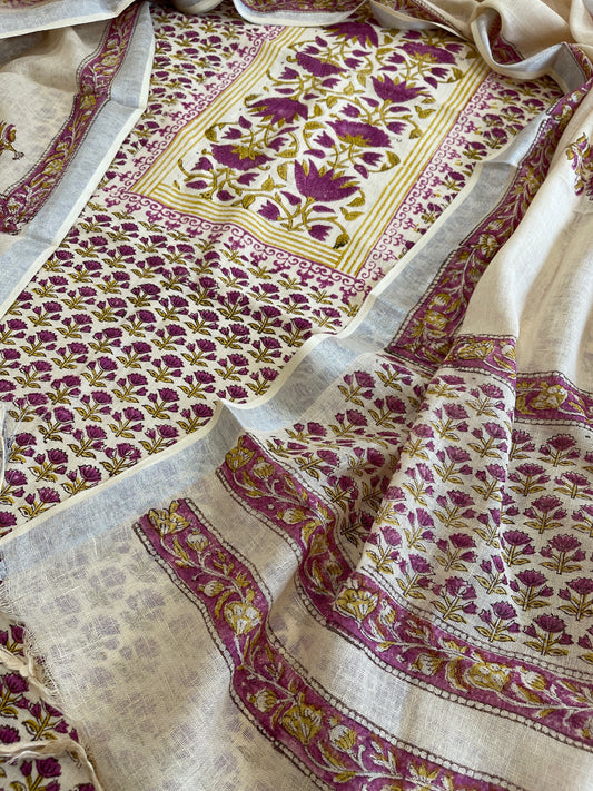 Peach Handblock Printed Suit Set in Pure Linen - Masakalee