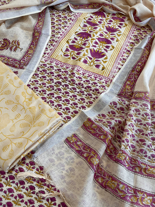 Peach Handblock Printed Suit Set in Pure Linen - Masakalee
