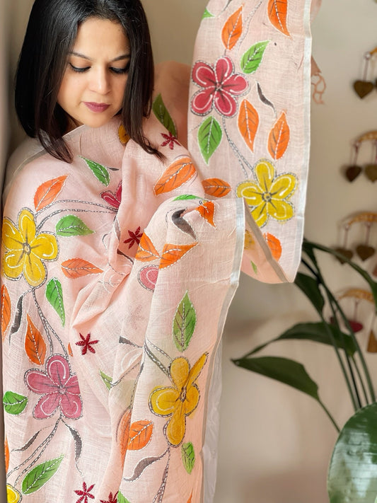 Peach Handpainted Dupatta with Kantha Stitch Handwork in Linen - Masakalee