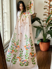 Peach Handpainted Dupatta with Kantha Stitch Handwork in Linen - Masakalee