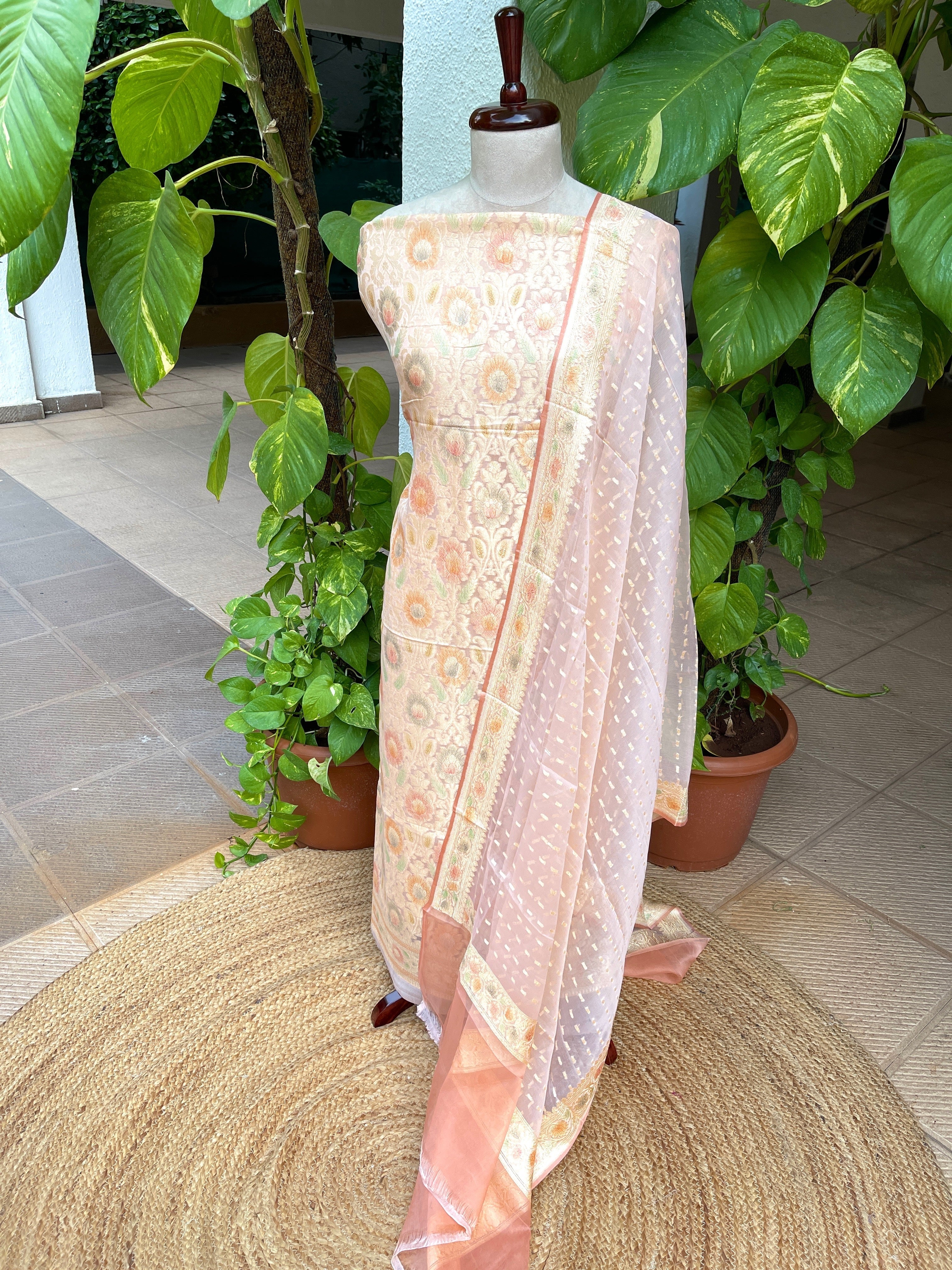 Peach Handwoven Khaddi 3 - Piece Suit Set in Pure Georgette - Masakalee