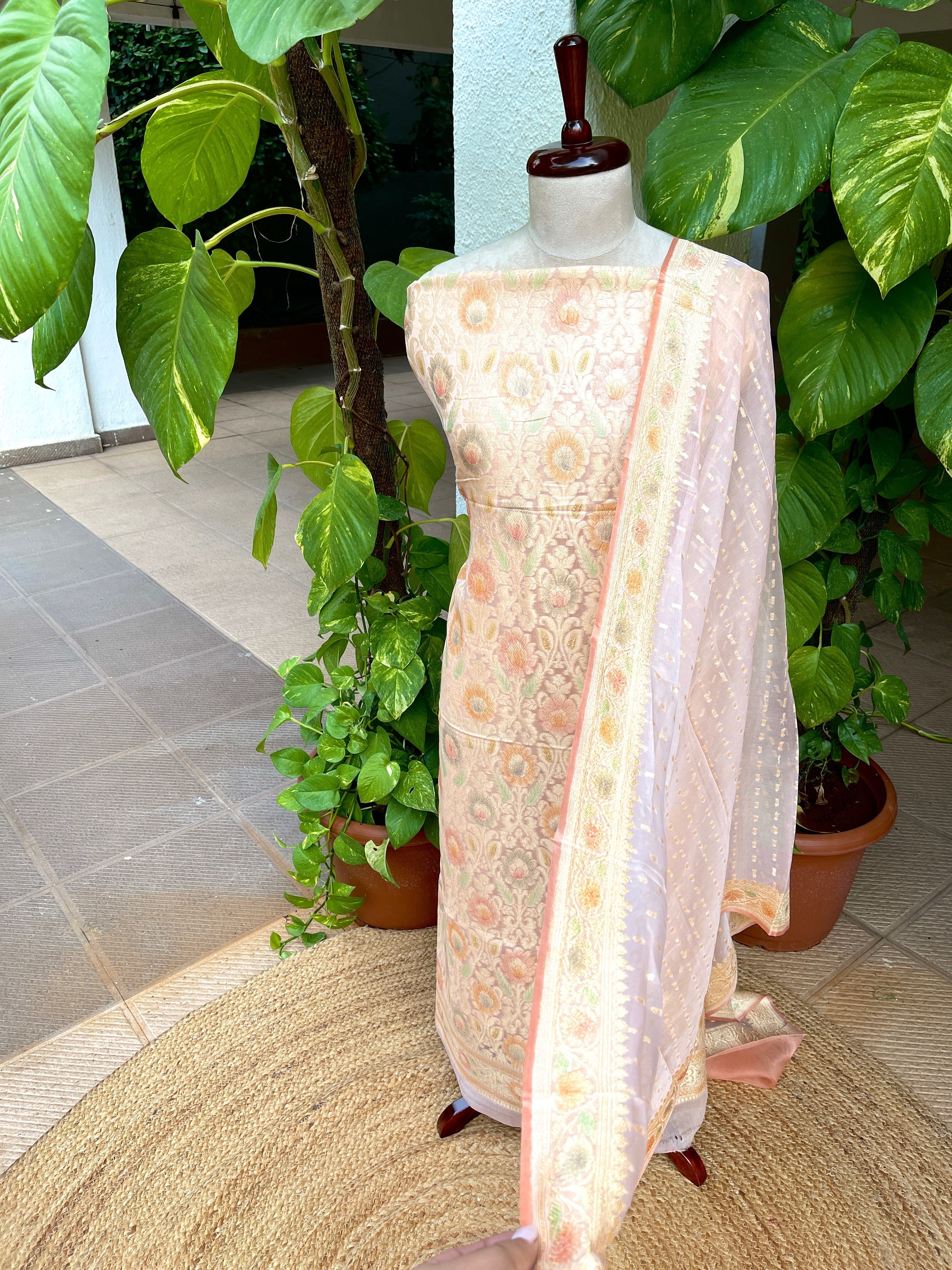 Peach Handwoven Khaddi 3 - Piece Suit Set in Pure Georgette - Masakalee