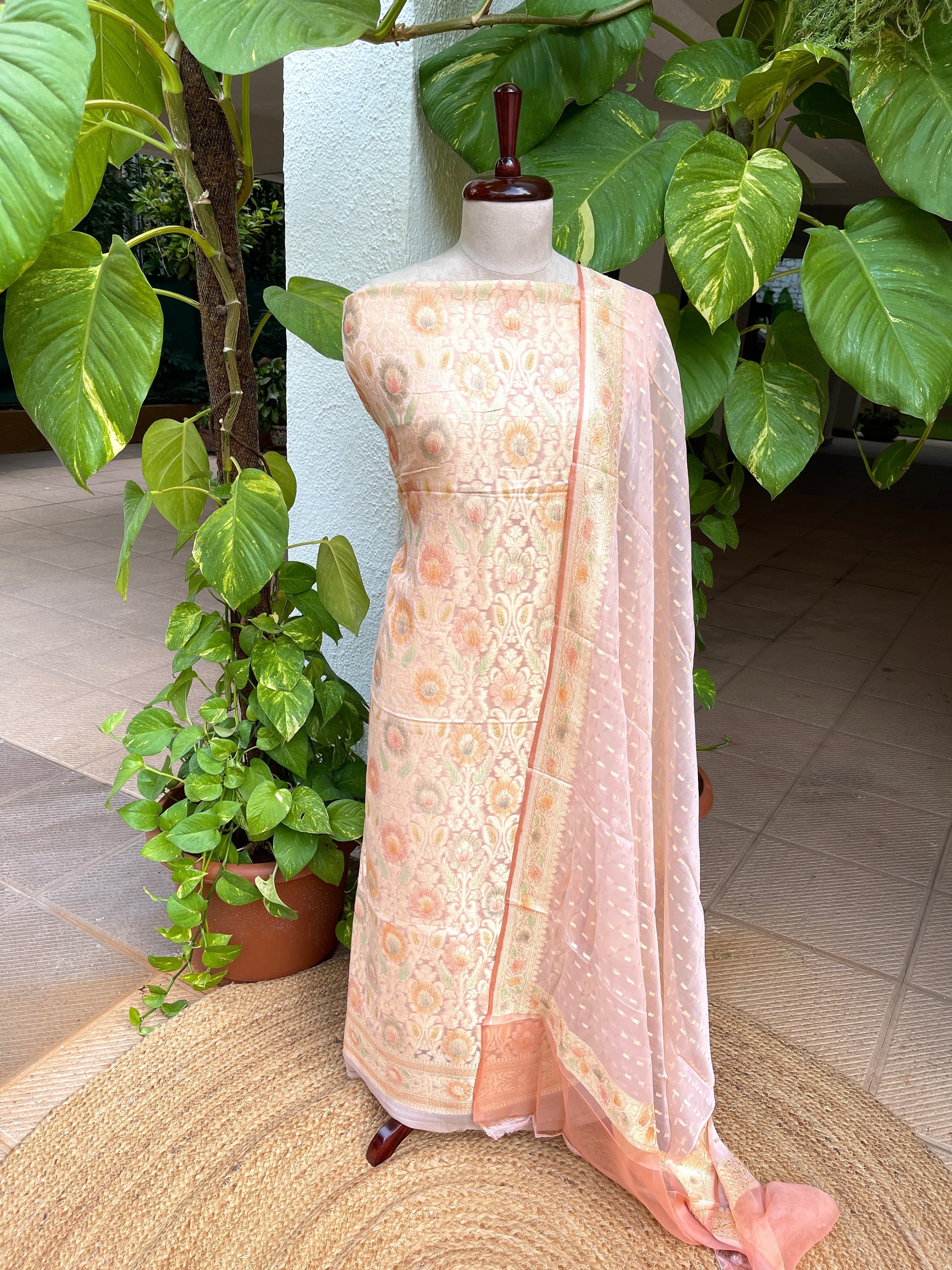 Peach Handwoven Khaddi 3 - Piece Suit Set in Pure Georgette - Masakalee