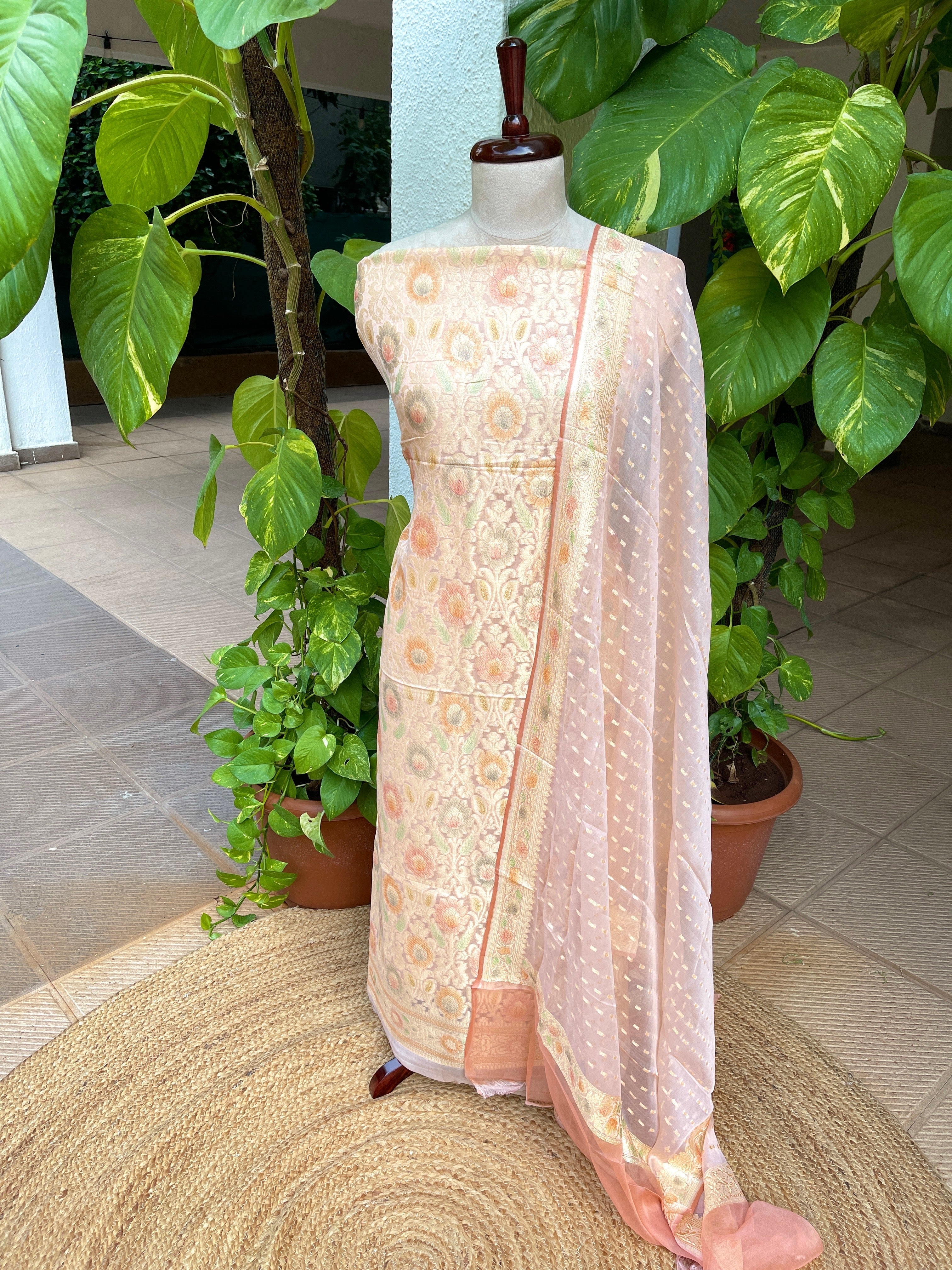 Peach Handwoven Khaddi 3 - Piece Suit Set in Pure Georgette - Masakalee