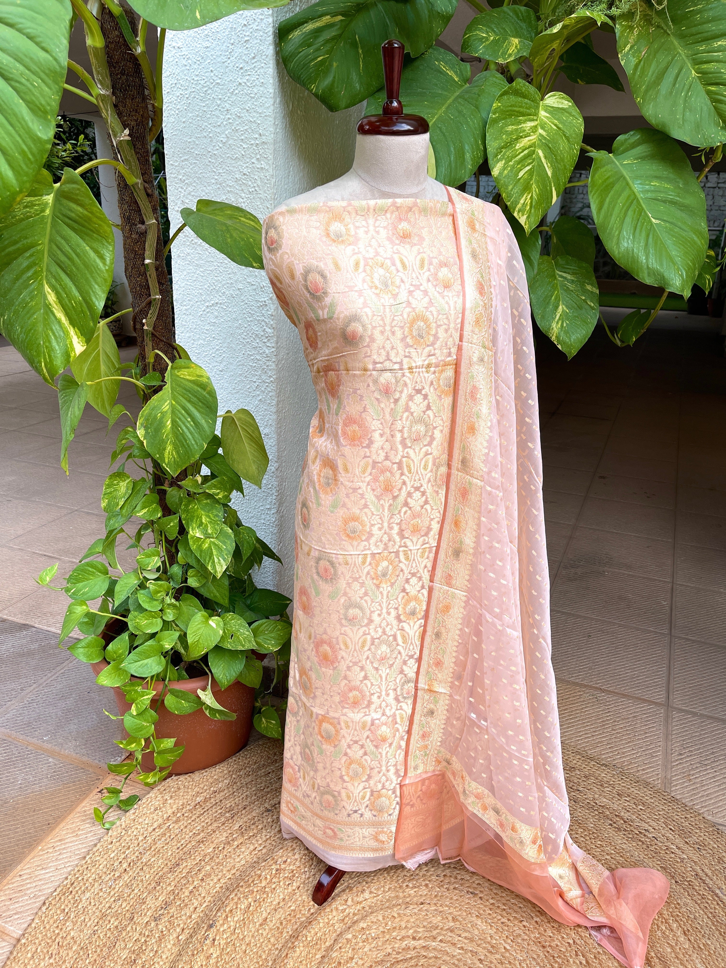 Peach Handwoven Khaddi 3 - Piece Suit Set in Pure Georgette - Masakalee