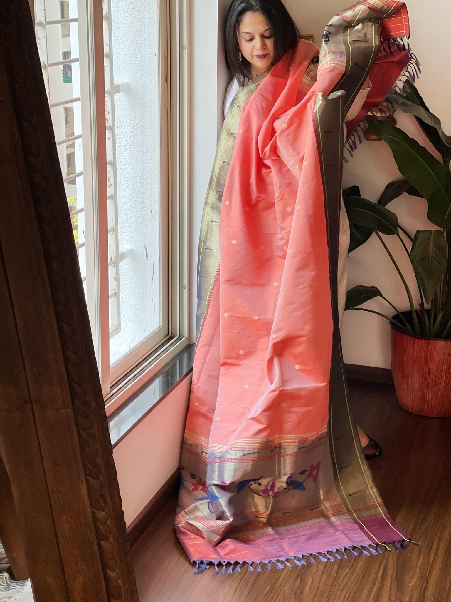 Peach Handwoven Paithani Dupatta in Pure Silk - Masakalee