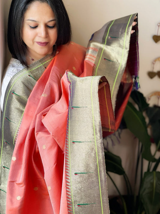 Peach Handwoven Paithani Dupatta in Pure Silk - Masakalee