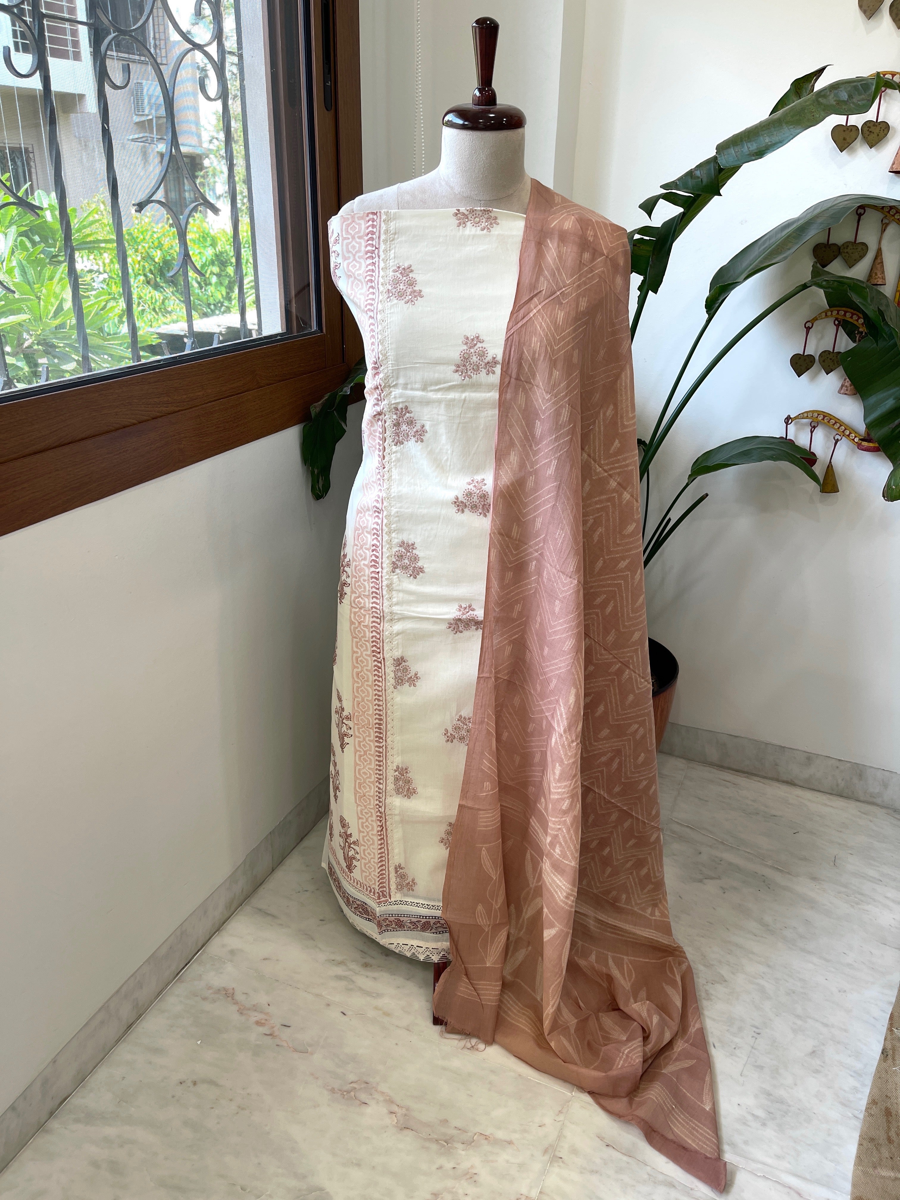 Peach, Ivory Handblock Printed Embroidered Suit Set with Lace Detailing in Pure Cotton - Masakalee
