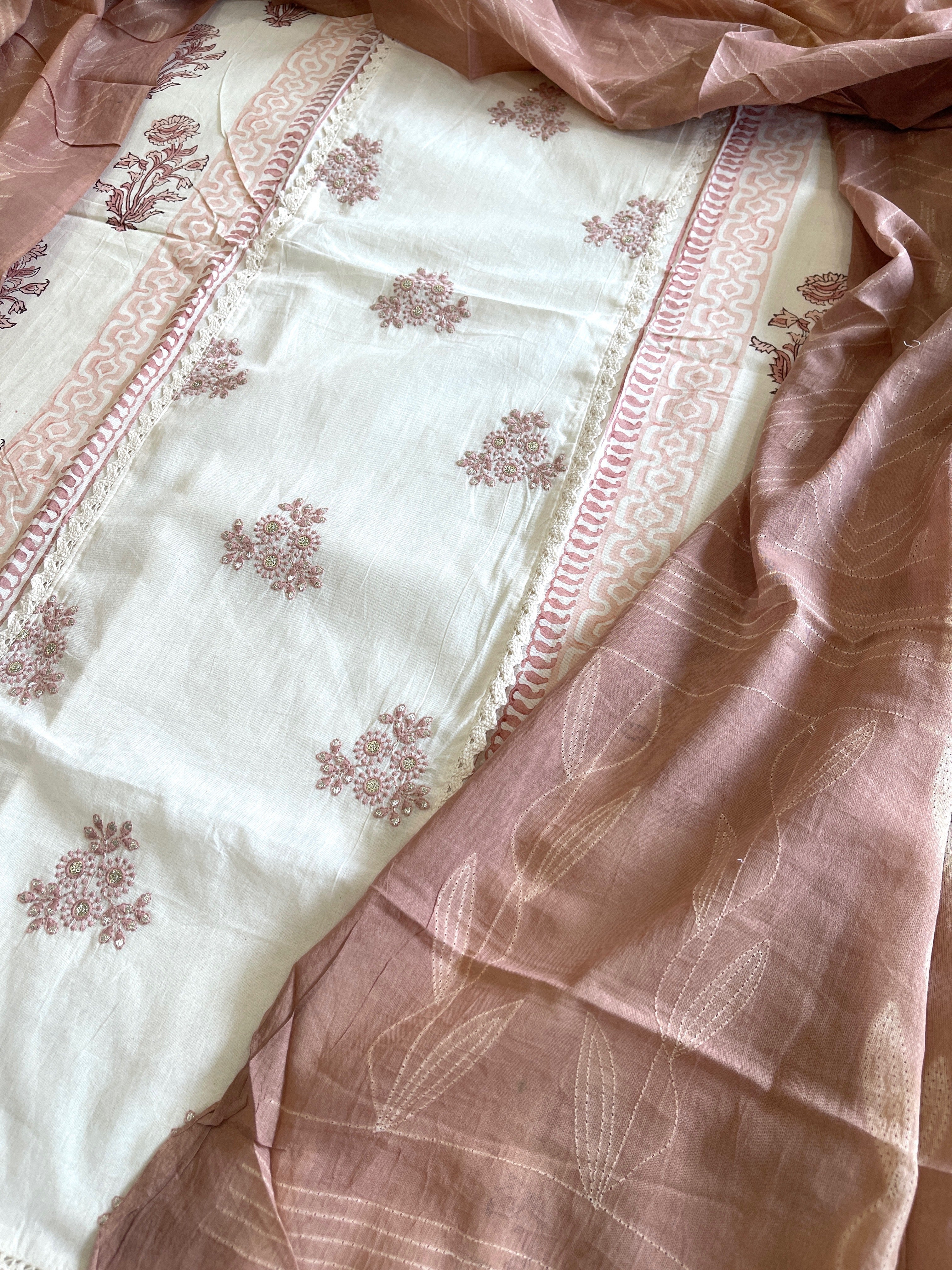 Peach, Ivory Handblock Printed Embroidered Suit Set with Lace Detailing in Pure Cotton - Masakalee
