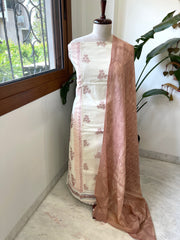 Peach, Ivory Handblock Printed Embroidered Suit Set with Lace Detailing in Pure Cotton - Masakalee