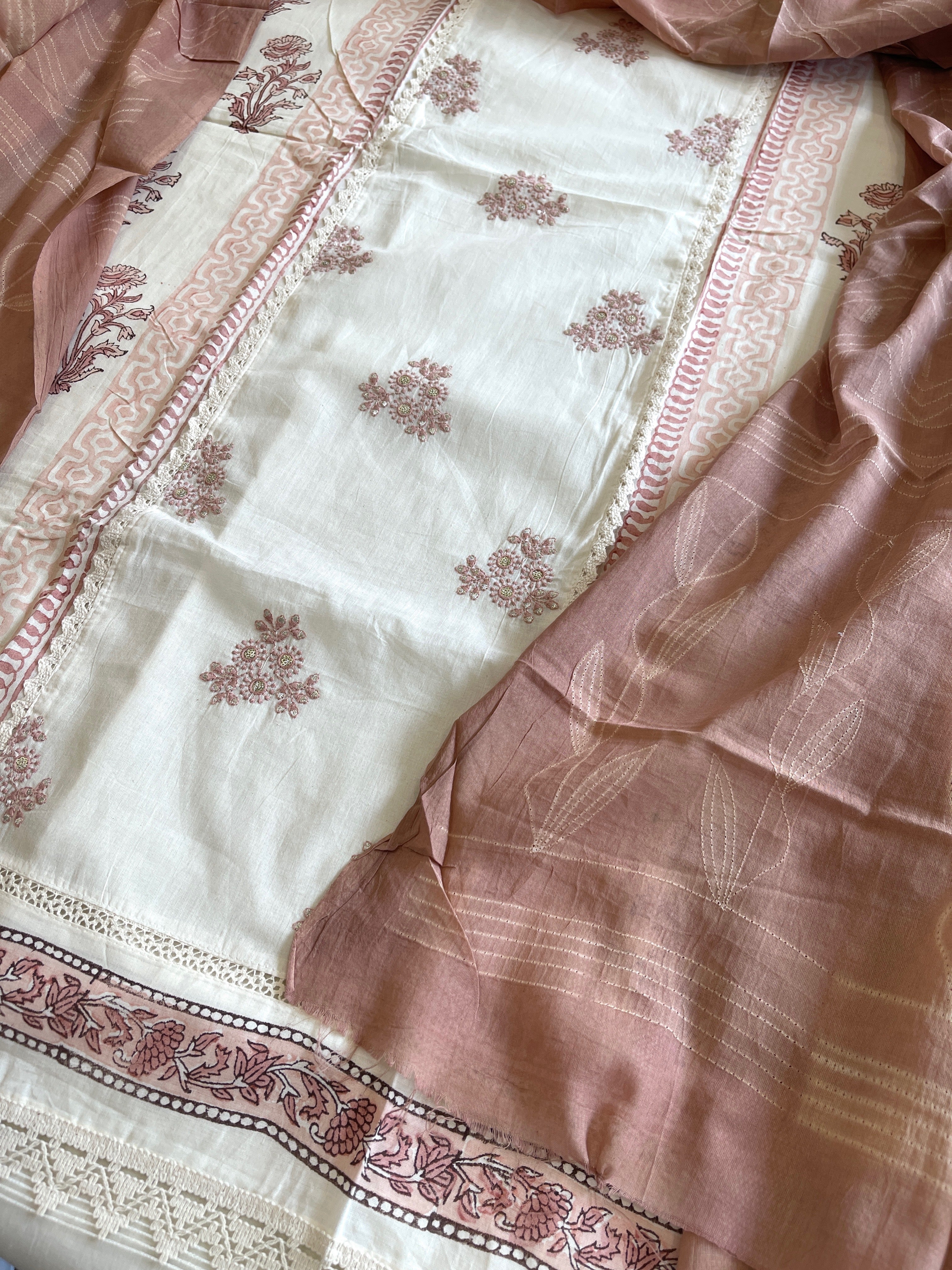 Peach, Ivory Handblock Printed Embroidered Suit Set with Lace Detailing in Pure Cotton - Masakalee
