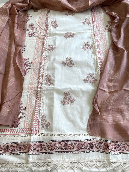 Peach, Ivory Handblock Printed Embroidered Suit Set with Lace Detailing in Pure Cotton - Masakalee