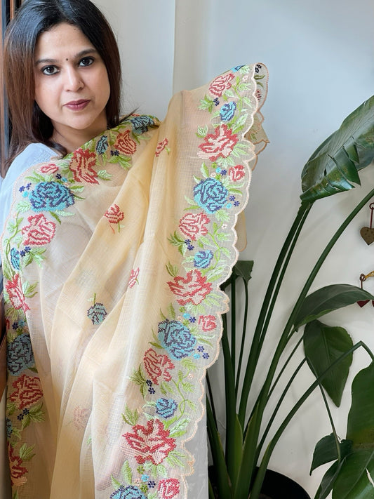 Peach Kota Cotton Dupatta with Cross - Stitch Embroidered Border - Masakalee