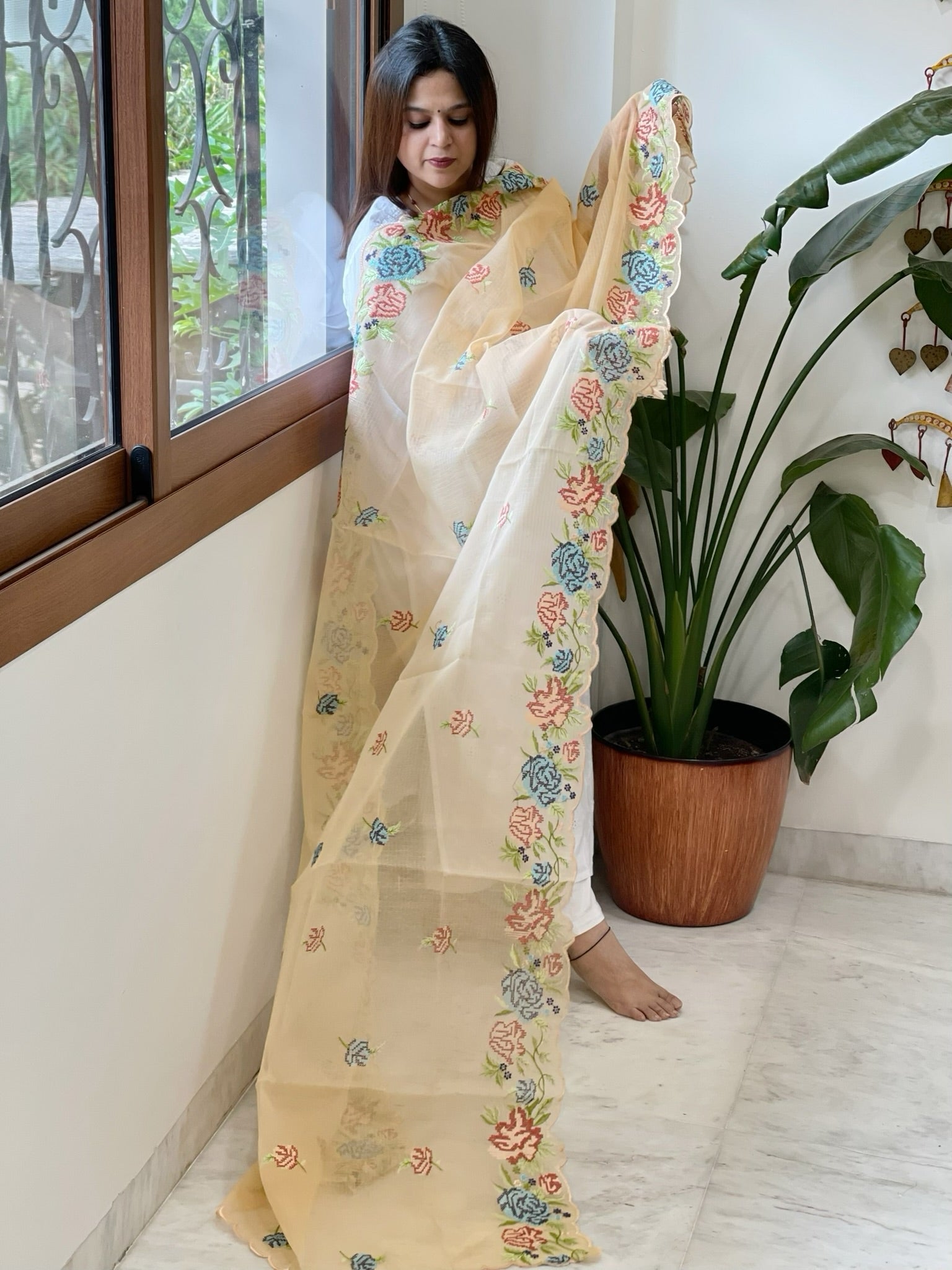 Peach Kota Cotton Dupatta with Cross - Stitch Embroidered Border - Masakalee