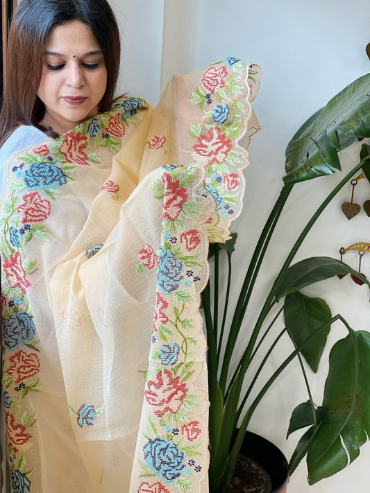 Peach Kota Cotton Dupatta with Cross - Stitch Embroidered Border - Masakalee