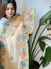 Peach Kota Cotton Dupatta with Cross - Stitch Embroidered Border - Masakalee