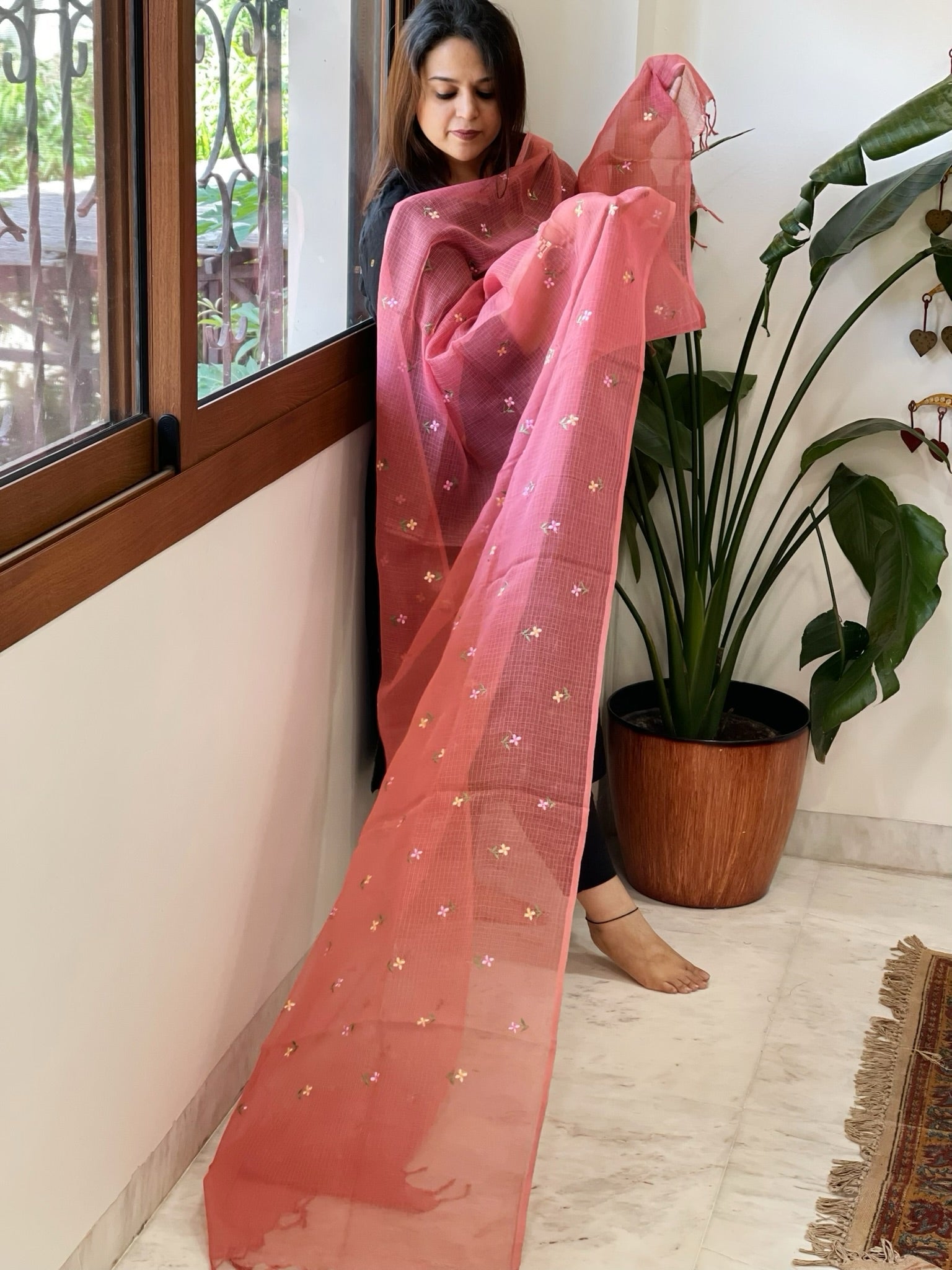Peach Kota Cotton Dupatta with Thread Embroidery - Masakalee
