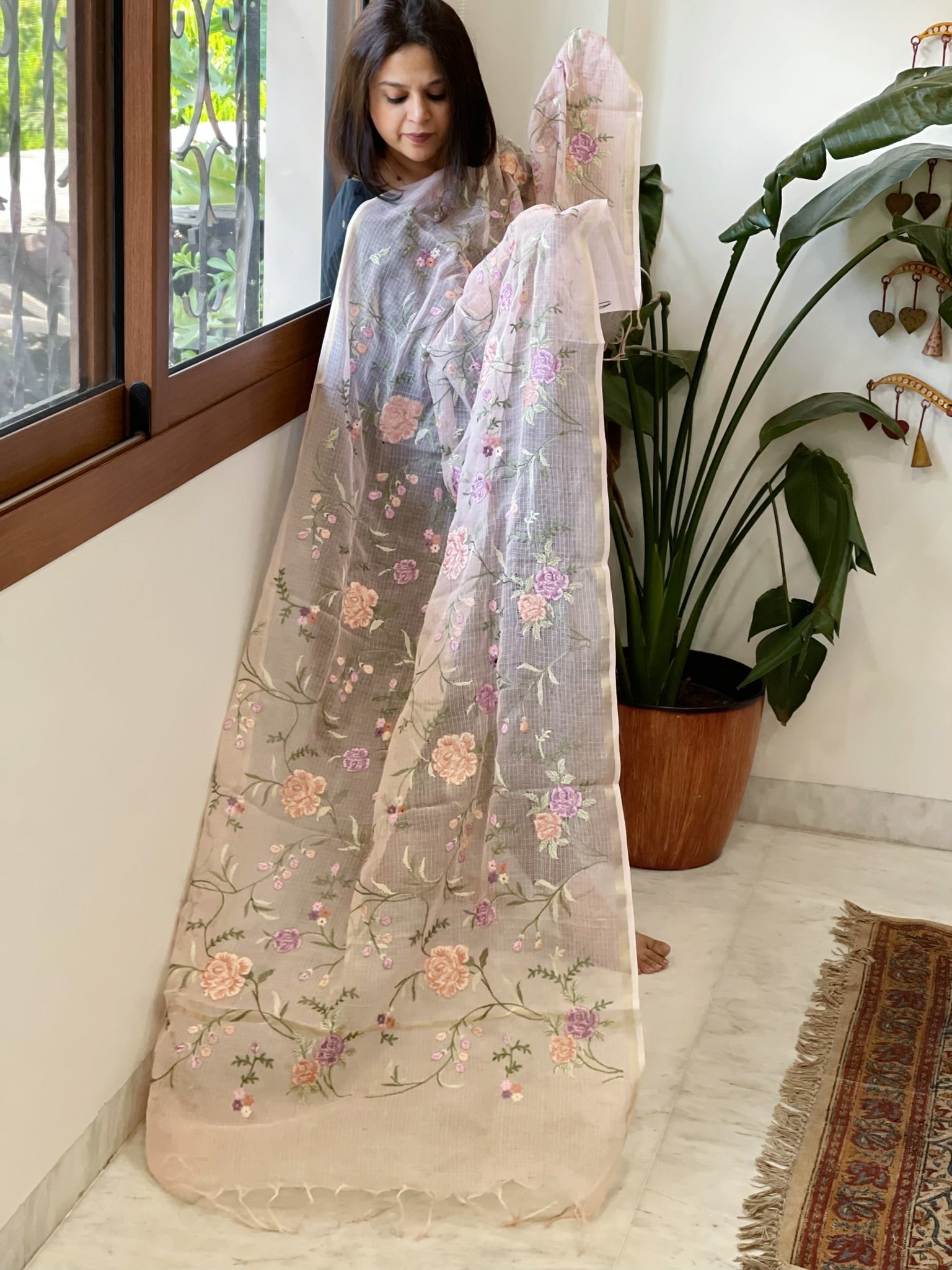 Peach Kota Cotton Dupatta with Thread Embroidery - Masakalee