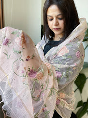 Peach Kota Cotton Dupatta with Thread Embroidery - Masakalee