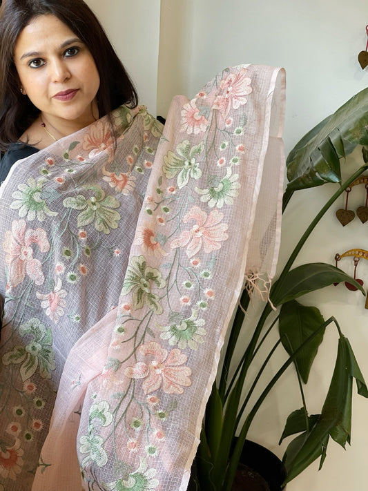 Peach Kota Cotton Dupatta with Thread Embroidery - Masakalee