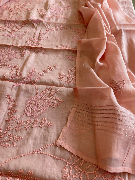 Peach Mul chanderi Suit Set With Knot & Sequin Handwork - Masakalee