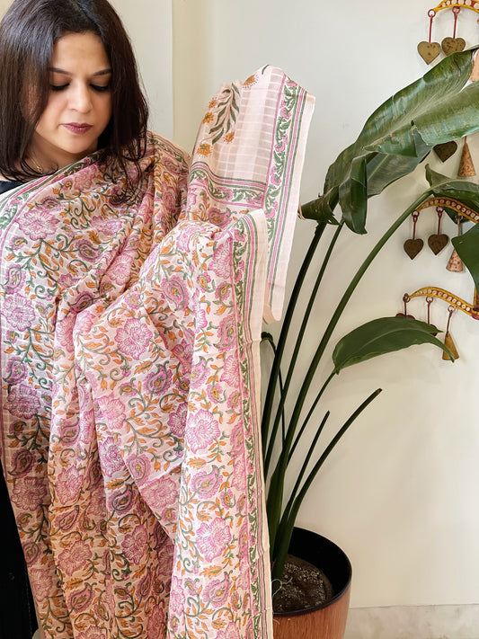 Peach Mul Cotton Handblock Printed Dupatta - Masakalee