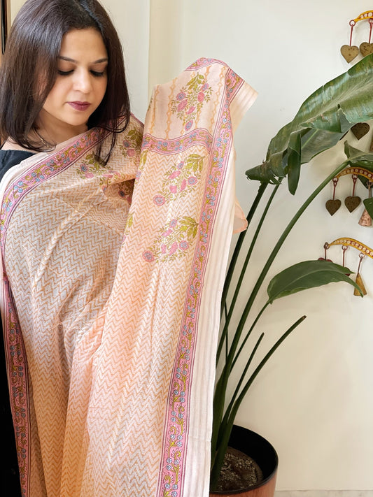 Peach Mul Cotton Handblock Printed Dupatta - Masakalee