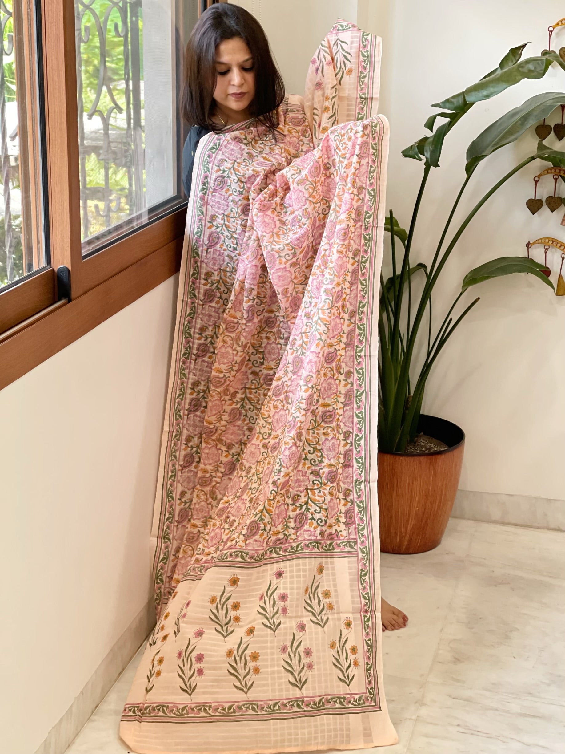 Peach Mul Cotton Handblock Printed Dupatta - Masakalee