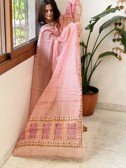 Peach Mul Cotton Handblock Printed Dupatta - Masakalee