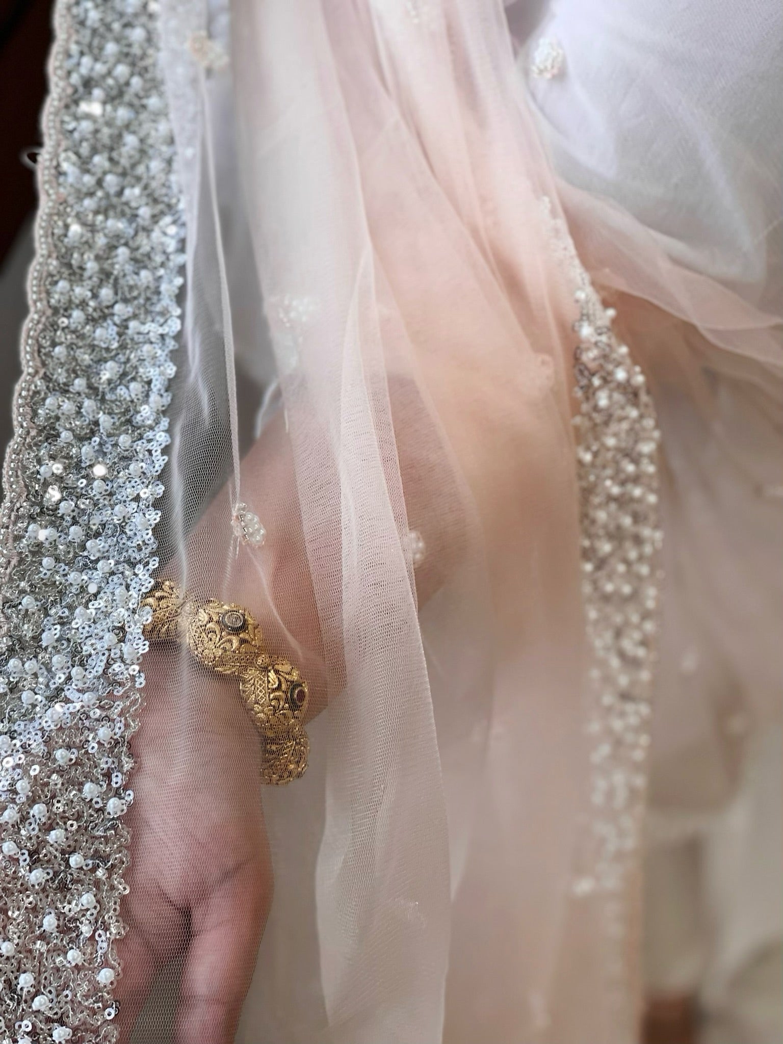 Peach Net Dupatta with Sequin and Pearl Embroidery - Masakalee