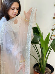 Peach Net Dupatta with Sequin and Pearl Embroidery - Masakalee