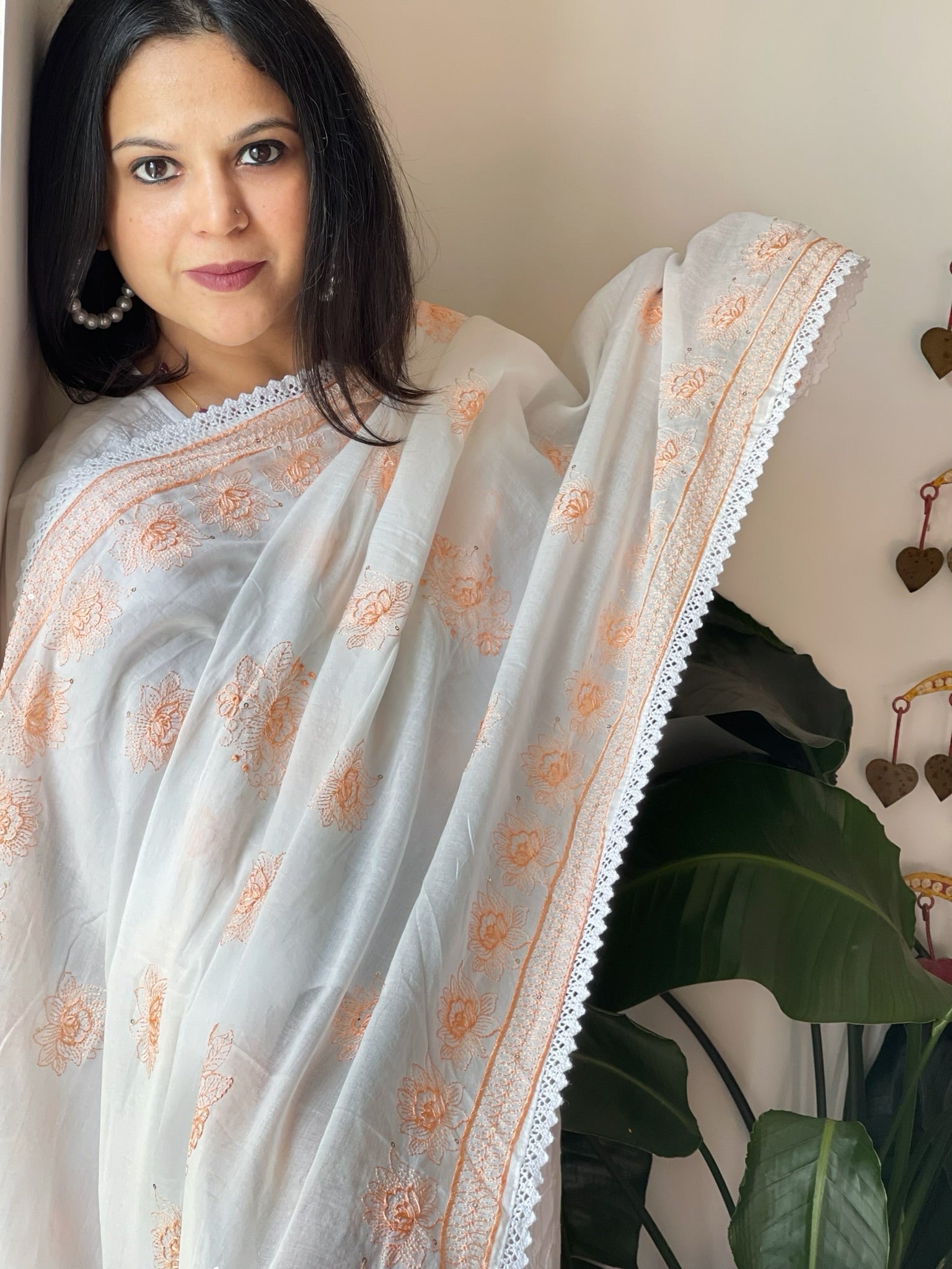Peach, Off - White Mul Cotton Dupatta with Thread Embroidery - Masakalee