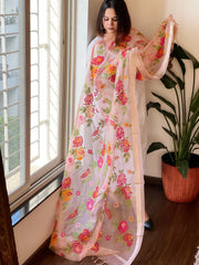 Peach Organza Dupatta with cross - stitch embroidery - Masakalee