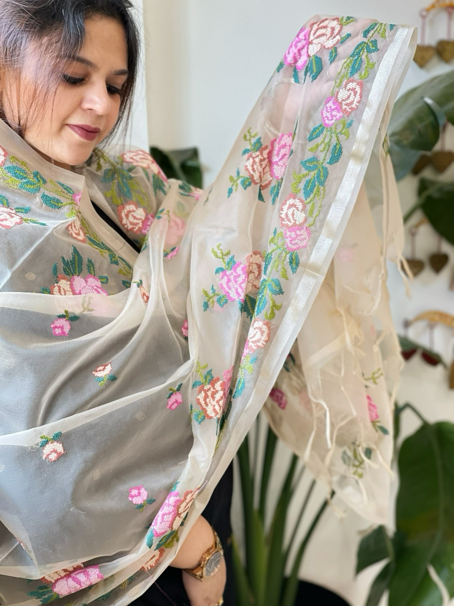 Peach Organza Dupatta with Cross - Stitch Embroidery - Masakalee