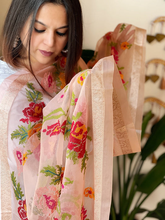 Peach Organza Dupatta with cross - stitch embroidery - Masakalee