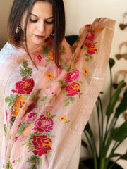 Peach Organza Dupatta with cross - stitch embroidery - Masakalee