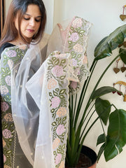 Peach Organza Dupatta with Cross - Stitch Embroidery - Masakalee