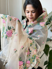 Peach Organza Dupatta with Cross - Stitch Embroidery - Masakalee